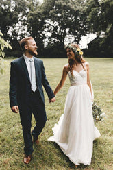 Tulle Lace A-line Spaghetti Straps Sweetheart Wedding Dresses With Train