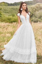 Tulle Lace A-line V-neck Cap Sleeves Rustic Wedding Dresses, Bridal Gown