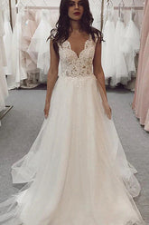 Tulle Lace A-line V-neck Cap Sleeves Wedding Dresses, Bridal Gown
