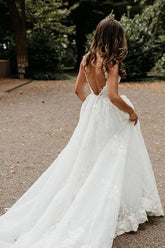 Tulle Lace A-line V-neck Chapel Train Wedding Dresses, Bridal Gowns