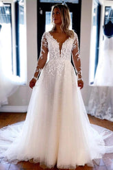 Tulle Lace A-line V-neck Long Sleeves Wedding Dresses, Wedding Gown