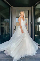 Tulle Lace A-line V-neck Wedding Dresses With Appliques, Bridal Gown