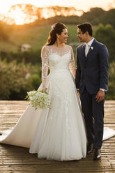Tulle Lace Long Sleeves Rustic Wedding Dresses With Detachable Satin