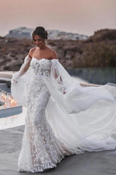 Tulle Lace Mermaid Beach Wedding Dresses With Detachable Train