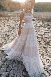 Tulle Lace Spaghetti Straps Boho Wedding Dresses, A-line Bridal Gown