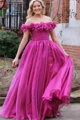 Tulle Magenta A-line Off-the-Shoulder Prom Dresses With 3D Flowers