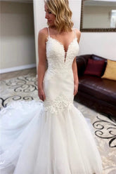 Tulle Mermaid Lace V-neck Spaghetti Straps Wedding Dresses With Train