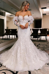 Tulle Mermaid Lace Wedding Dresses With Court Train, Bridal Gown