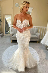 Tulle Mermaid Strapless Sweetheart Lace Appliqued Wedding Dresses