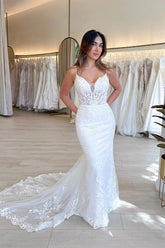 Tulle Mermaid V-neck Lace Appliques Wedding Dresses, Bridal Gown
