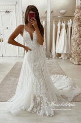 Tulle Mermaid V-neck Rustic Wedding Dresses With Detachable Train