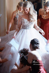 Tulle Open Back Bateau Neckline Long Sleeves Lace Wedding Dresses