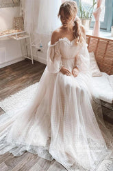 Tulle Polka Dots Off Shoulder Long Sleeves Boho Wedding Dresses