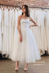 Tulle Satin Ankle Length Strapless Short Wedding Dresses, Bridal Dress