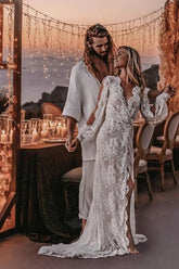 Tulle Sheath V-neck Beaded Lace Appliques Long Sleeve Wedding Dress