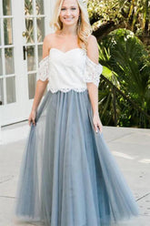Tulle Two Piece Off-the-Shoulder Floor Length Lace Bridesmaid Dresses