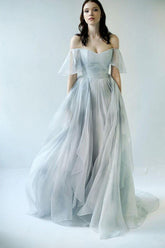 Unique Grey Blue Chiffon Off Shoulder Wedding Dresses, Bridal Gown