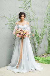 Unique Grey Chiffon A-line Off Shoulder Wedding Dress, Wedding Gown
