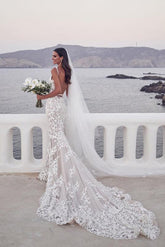 Vintage Lace Mermaid Beaded Deep V Neck Wedding Dress, Bridal Gown