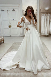 Vintage Satin Lace Ball Gown Deep V Neck Wedding Dresses, Bridal Gown