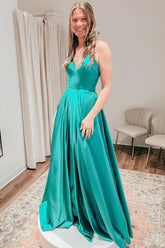 A Line Spaghetti Straps Satin Prom Dress with Slit