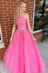 A-line Hot Pink Halter Tulle Prom Dress With Appliques