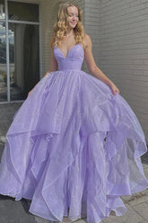 A Line Spaghetti Straps Long Prom Dress with Ruffles