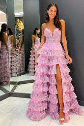 A Line Spaghetti Straps Printed Tulle Prom Dress with Ruffles