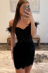 Black Off the Shoulder Bodycon Corset Short Homecoming Dress with Feather