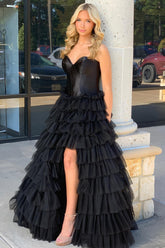 Black Sweetheart Tulle Tiered A-Line Long Corset Prom Dress with Slit