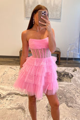 Pink Strapless Tulle A Line Tiered Corset Homecoming Dress with Sequins