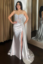 Trendy Silver Spaghetti Straps Satin Mermaid Long Corset Prom Dress with Appliques
