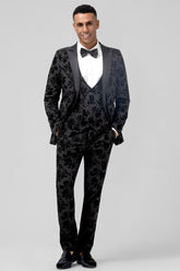 Black Jacquard Peak Lapel Slim Fit 3 Pieces Formal Prom Men's Suits