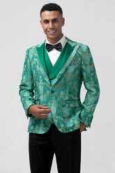 Green Peak Lapel Jacquard 3 Pieces Prom Men's Suits