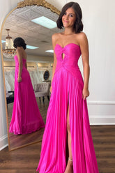 Fuchsia A-Line Sweetheart Pleated Long Prom Dress with Slit