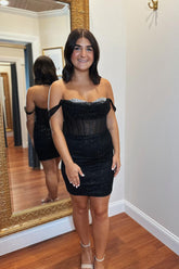 Glitter Black Off the Shoulder Ruched Sequins Short Corset Homecoming Dress