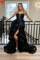 Sparkly Black Spaghetti Straps A-Line Sequins Tiered Long Corset Prom Dress with Slit