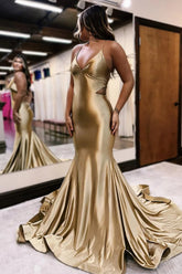Golden Spaghetti Straps Satin Cut-out Mermaid Long Prom Dress