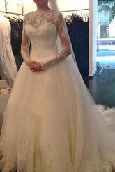 White Long Sleeve Cheap V-back A-line Lace Tulle Wedding Dresses