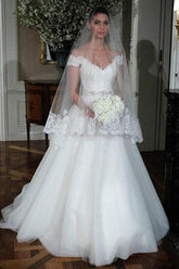 White Tulle Beaded Off Shoulder A-line Lace Wedding Dresses Bridal Dress