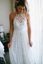 White A-line Halter Sweep Train Lace Wedding Dresses, Wedding Gowns
