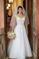 White A-line V-neck Wedding Dresses With Lace Appliques, Bridal Gown