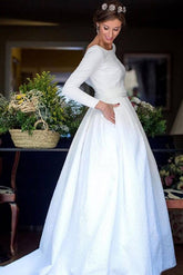 White Ball Gown Long Sleeves Backless Wedding Dresses With Pocket