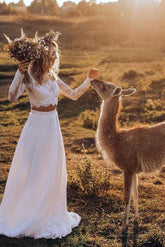 White Chiffon Boho Two Pieces Long Sleeves Lace Wedding Dresses