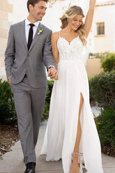 White Chiffon Lace A-line Spaghetti Straps Flowy Beach Wedding Dresses