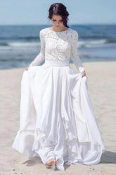 White Chiffon Lace Long Sleeves Floor Length Beach Wedding Dresses