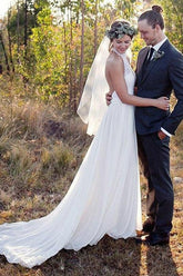 White Lace Chiffon A-line Halter Neck Backless Wedding Dresses With Train