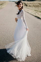 White Lace Tulle Long Sleeves Beach Wedding Dresses, Bridal Dress