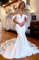 White Mermaid Satin Lace Off Shoulder Wedding Dresses With Train