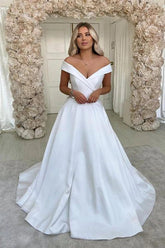 White Satin A-line V-neck Sweep Train Wedding Dresses, Bridal Dress